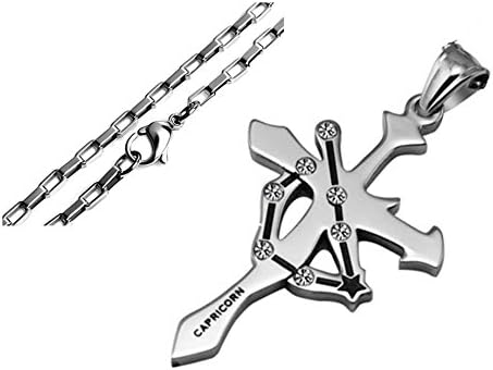 Capricorn Stainless Steel Unique Sign Crosses Shape Fashion Pendant Necklace, Silver, 2.5 mm 24 inch Chain