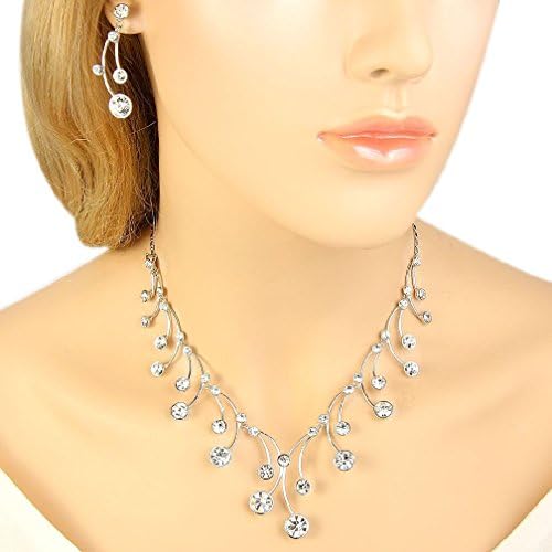 Fancy Wedding Art Deco Necklace Earring Set Dangle Clear Austrian Crystal Silver