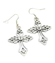 Roman Cross Crystal Studded Earrings Silver