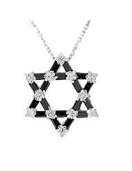 Sterling Silver Jewish Star David Black White Crystals Womens Pendant Necklace