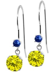 1.26 Ct Round Canary Diamond Blue Sapphire 14K White Gold Earrings