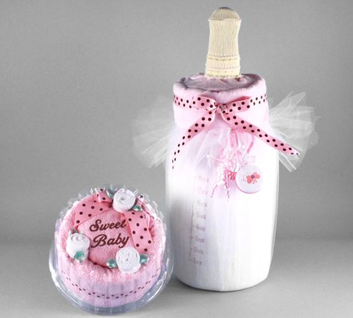Pink Baby Towel Cake & Bottle of Milk Unique Gift Set for Newborn Girls