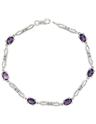 10k White Gold Double Fancy Heart Tennis Bracelet w/ 0.05 Carat Brilliant Cut Diamonds & 3.0 Carats Oval Cut Amethyst Stones, 3/16 in. (4.5mm) wide