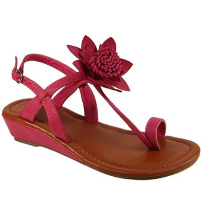 Womens Low Wedge Heel Bright Orange Flower Petal Sandals