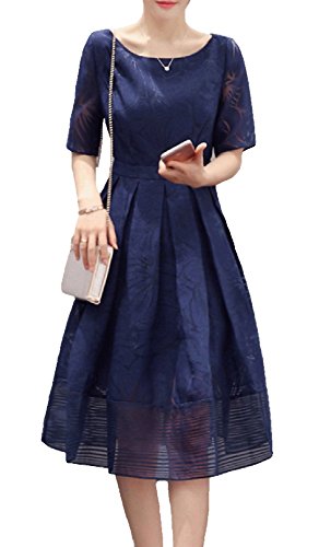 (サラキッド） SaraKid レース Aライン フレア オーガンジー フォーマル ワンピース ドレス ネイビー ミモレ丈 半袖 ベルト 付き レディース 着やせ 大人 フェミニン エレガント きれいめ お呼ばれ パーティー