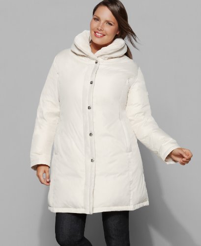 DKNY Plus Size Coat, Long Sleeve Quilted with Hood Ivory 