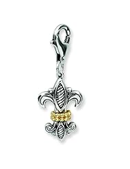 Silver w/ 14k Yellow Gold 3D Antiqued Fleur De Lis w/ Lobster Clasp Charm