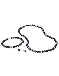 Valentine Gift - Sterling Silver 6.5-7mm Genuine Freshwater Black Pearl Neklace, Bracelet and Earring Set, Knotted
