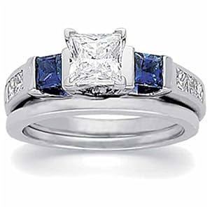 14K White Gold Blue Sapphire And Diamond Wedding Ring Set (Center stone is not included)