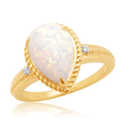 10k Yellow Gold Created Opal Center with Diamonds Texture Ring, Size 8