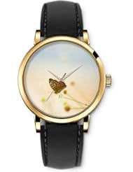 SPRAWL Aanalog Fashion Series Gold Ladies Watches of Genuine Black Leather Strap,Unique Wrist Watch for Women Girls Designed with Spotted butterfly