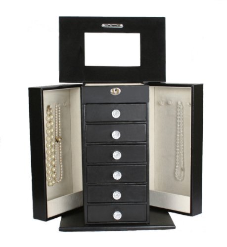 HUGE BLACK LEATHER JEWELRY BOX / CASE / STORAGE w/key