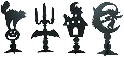 Halloween Centerpiece Decorations 4 Piece Set Includes Black Cat, Midnight Witch, Haunted House, Bat Halloween Candelabra Silhouettes for Halloween Tabletop Decor