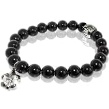 Onyx Stretch Bracelet with Fleur De Lis Charm & Stainless Steel Bead Accent
