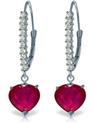 14k White Gold Diamond Leverback Earrings with Ruby Heart