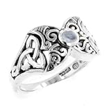 Image of Sterling Silver Filigree Celtic Knot Crescent Moon Genuine Rainbow Moonstone Ring (Size 4,5,6,7,8,9,10,11,12,13,14,15)