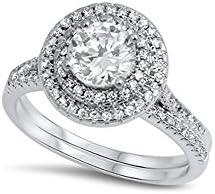 Inspire Signature Sterling Silver Round Cut Clear Cz with Double Pave Halo Setting 2-Pcs Engagement Ring Inlaid with Clear Cz