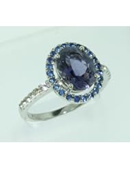 O&G Australia Natural Iolite (7x9mm) with Sapphires & White Topaz, 925 Sterling Silver Ring (1.84cttw) - Size 7.5