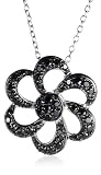 Sterling Silver Black Cubic Zirconia Flower Pendant, 18"