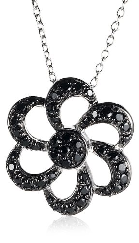 Sterling Silver Black Cubic Zirconia Flower Pendant, 18