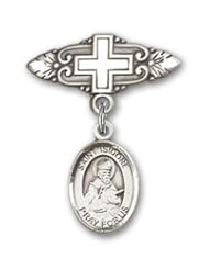 Sterling Silver Baby Badge with St. Isidore of Seville Charm and Badge Pin with Cross