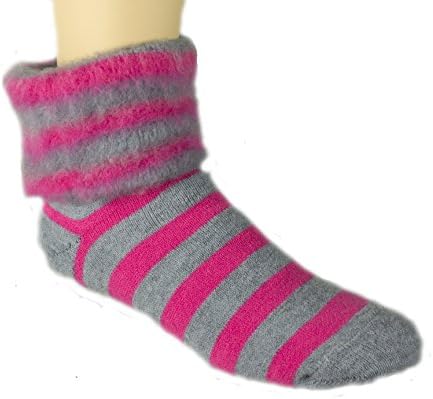 Woollyfeet Brushed Wool Blend Pink Gray Stripes Tread Socks
