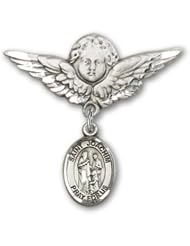 Sterling Silver Baby Badge with St. Joachim Charm and Angel with Wings Badge Pin