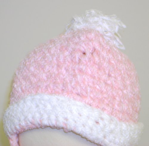 Hand Crocheted Pink Chenille Infant Hat Hand Finished By Hand Crochet with White Chenille Ear Flap and Pom Pom