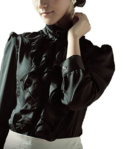 気品溢れる フリルブラウス リボン付き 詰襟 ブラック ホワイト