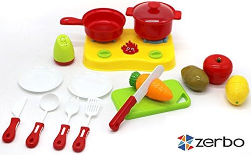 ZERBO 17 Piece Mini Portable Kitchen Playset - Pretend &amp; Play Stove Appliance with Sliceable Play Food Toy Set for Kids