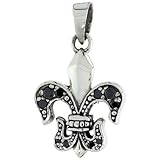 Sterling Silver Fleur de Lys Pendant w/ Black CZ Stones, w/ 18" Thin Box Chain