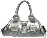 Womens Grey Silver Patent Designer Small Handbag