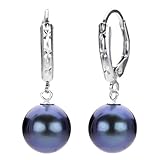 Sterling Silver 9-10mm Perfect Round Black Cultured Freshwater Pearl Leverback with Diamond Accent Earring. Includes Giftbox with Ribbon.