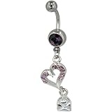 Purple Crystal Heart Envelope Pendant Birthstones Gem Belly Button Ring Navel Piercing Bar Body Jewelry