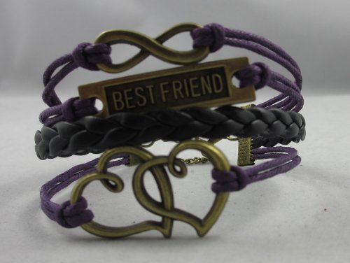 Vintage Bronze Infinity 8 Best Friend Heart Purple Rope Leather Bracelet Karma