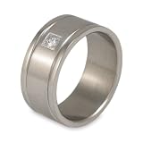 Grooved Brushed and Polished Titanium Ring with Cubic Zirconia (9.5 mm) - Sizes 8 - 13