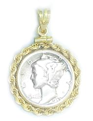 Gold Filled Rope Mercury Dime Coin Pendant
