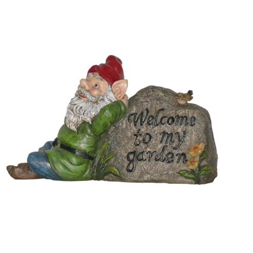 Gnome Beside a Rock w/ Welcome Sign Statue