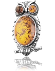 Sterling Silver and Honey Amber Little Museum Collection 19th Century Owl Pin