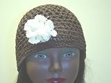 Cp156, Hand Crocheted Dark Brown Gimp Skull Cap with Crocheted White Gimp Rose for Women and Teens