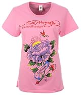Ed Hardy Womens Rhinestone T-Shirt Diamond Flower Pink