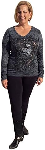 Vocal Plus Size Burnout Top with Rose Graphics, Lace Insert & Crystals (1X 40-44 inch bust, Black)