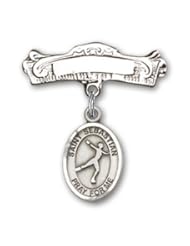 Sterling Silver Baby Badge with St. Sebastian/Figure Skating Charm and Arched Polished Badge Pin