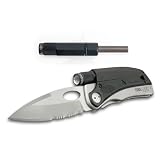 Tool Logic SLP2 Tactical Folding 1/2 Serrated Knife With LED Flashlight, Magnesium Fire Starter and Signal Whistle, Silver