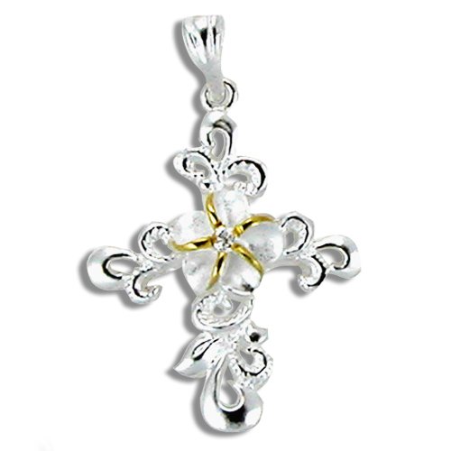 Silver and Gold Hawaiian Cut-out CZ Plumeria Cross Pendant
