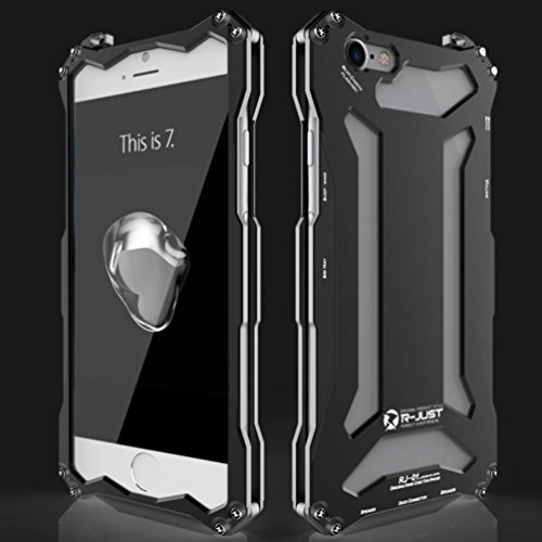 iPhone 7 Case with Strap, Premium Shockproof Aerospace Aluminum Metal Frame 360 Protection Mechanical Armor Iron Man Cover for Apple iPhone 7 4.7 Inch (Black)