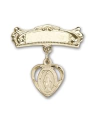 14K Gold Baby Badge with Miraculous Charm and Arched Polished Badge Pin