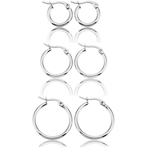 MOWOM Silver Stainless Steel Hoop huggie Earring Classic Charm Elegant ( 3 Pairs )