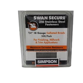 Simpson Swan Secure T18N075FNB 18-Gauge 316 Stainless Steel 3/4-Inch Brad Nails, 500 Per Box
