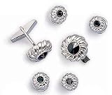 Giorgio Bissoni Round Jet Black Stone with Silver Flower Trim Cufflink and Stud set